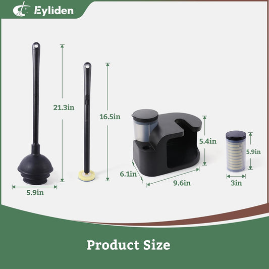 Eyliden Toilet Brush and Plunger Set, Disposable Wand Kit with 10 Refills | Pre-Soaked Concentrated Cleaner Sponge, Touch-Free, 2-in-1 Compact Holder, Powerful Suction Cup, Bathroom Cleaning System
