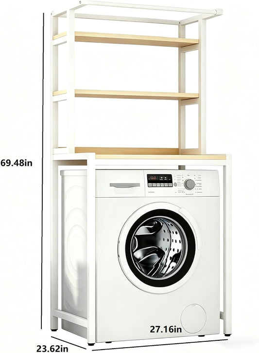 Durable 3-Tier Over The Washer Storage Rack, Freestanding Laundry Organizer with White Metal Frame & Wood Grain Boards, Movable Space Saving Shelf for Front Load Washers & Dryers