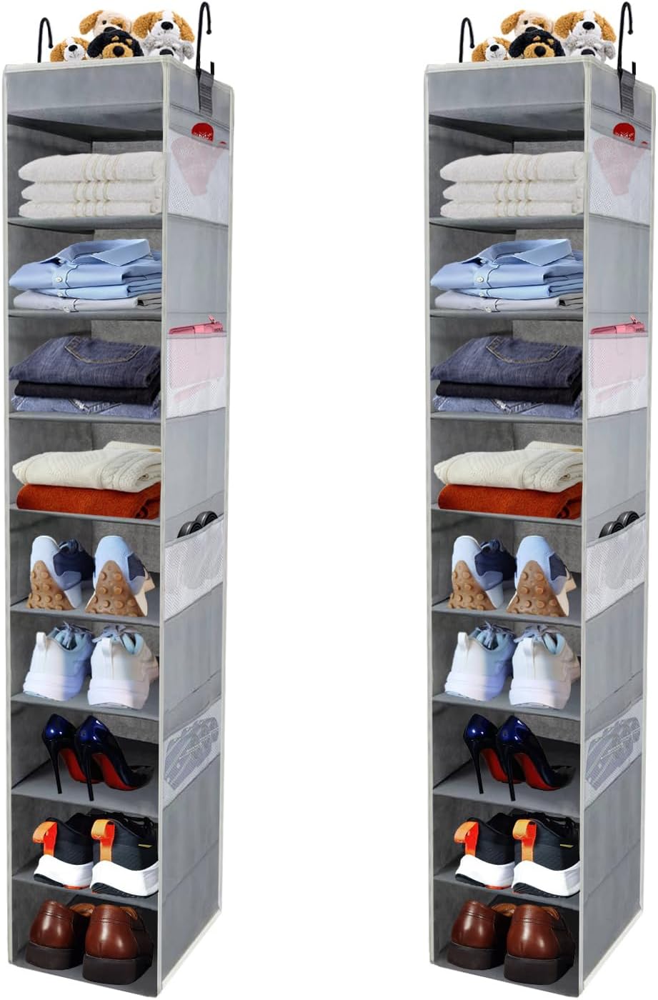 Large-Sized Hanging Shoe Organizer 10-Shelf, Sturdy Hanging Closet Organizer with 8 Side Pockets, Wider Hanging Shelves for Storage Shoes Clothes Jeans Shirts Toys, Black