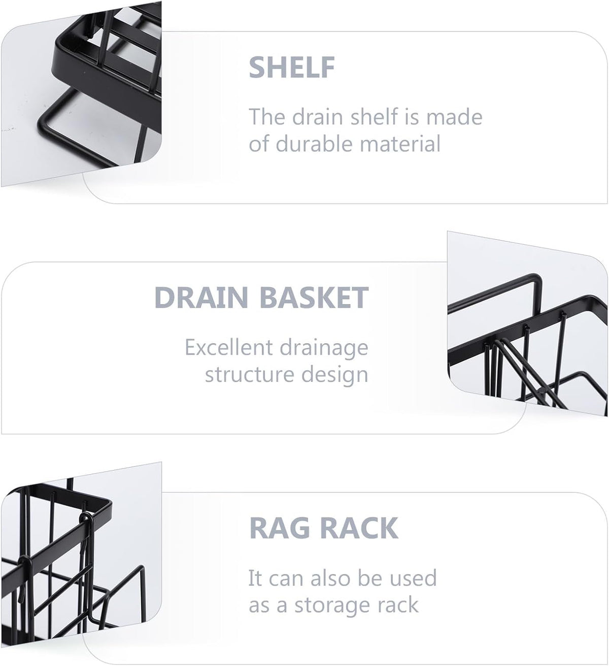 Outanaya Adjustable Stainless Steel Sponge Drain Shelf and Rag Storage Rack for Kitchen Sink, Black Wall-mounted Dish Cloth Holder with Drain Basket, 1pcs Kitchen Organizer for Cleaning