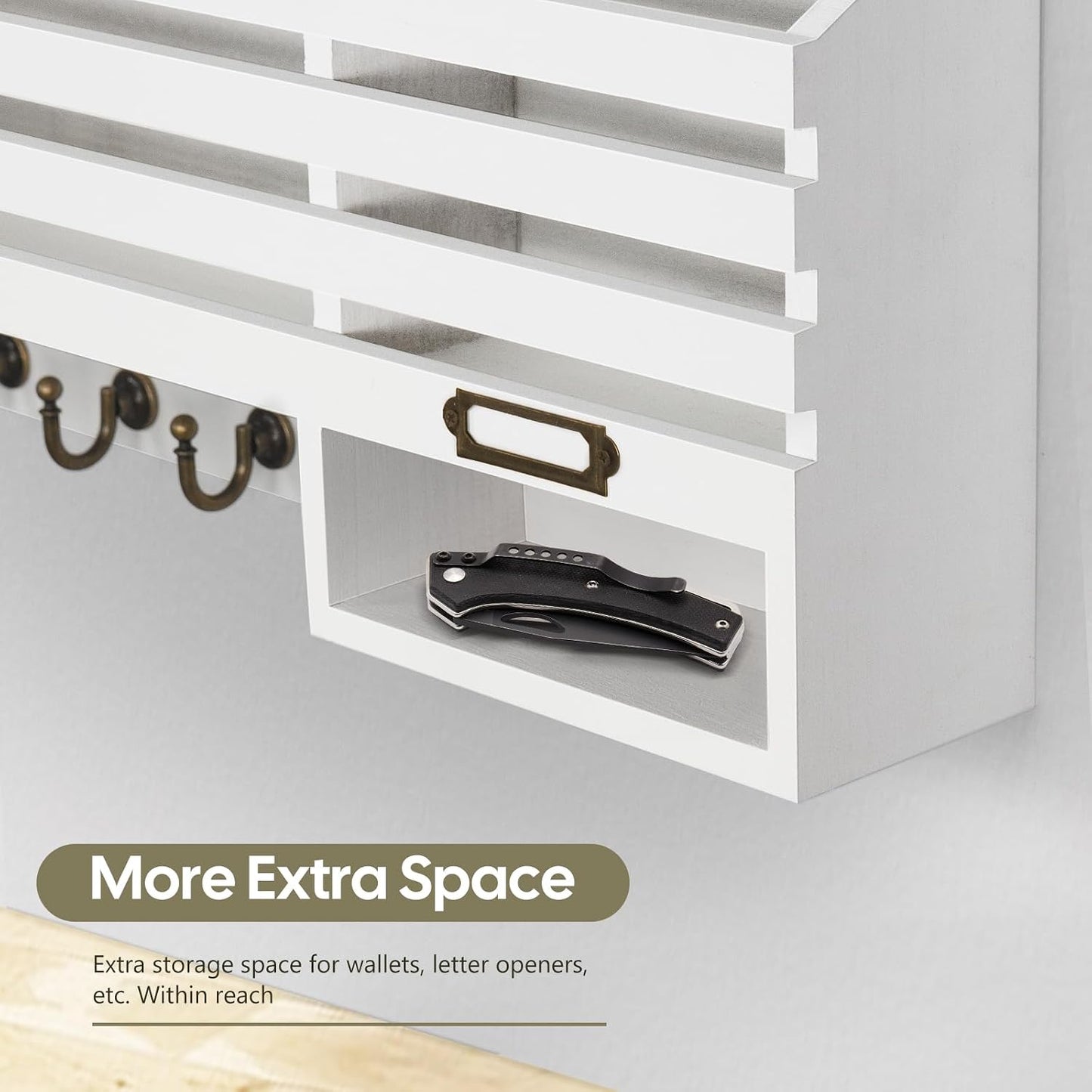 FifthQuarter Key Holder Wall Mount: Key and Mail Holder for Wall with 6 Hooks and Storage Drawer, Easy Installation Key Rack for Entryway Home Decor (A-White)