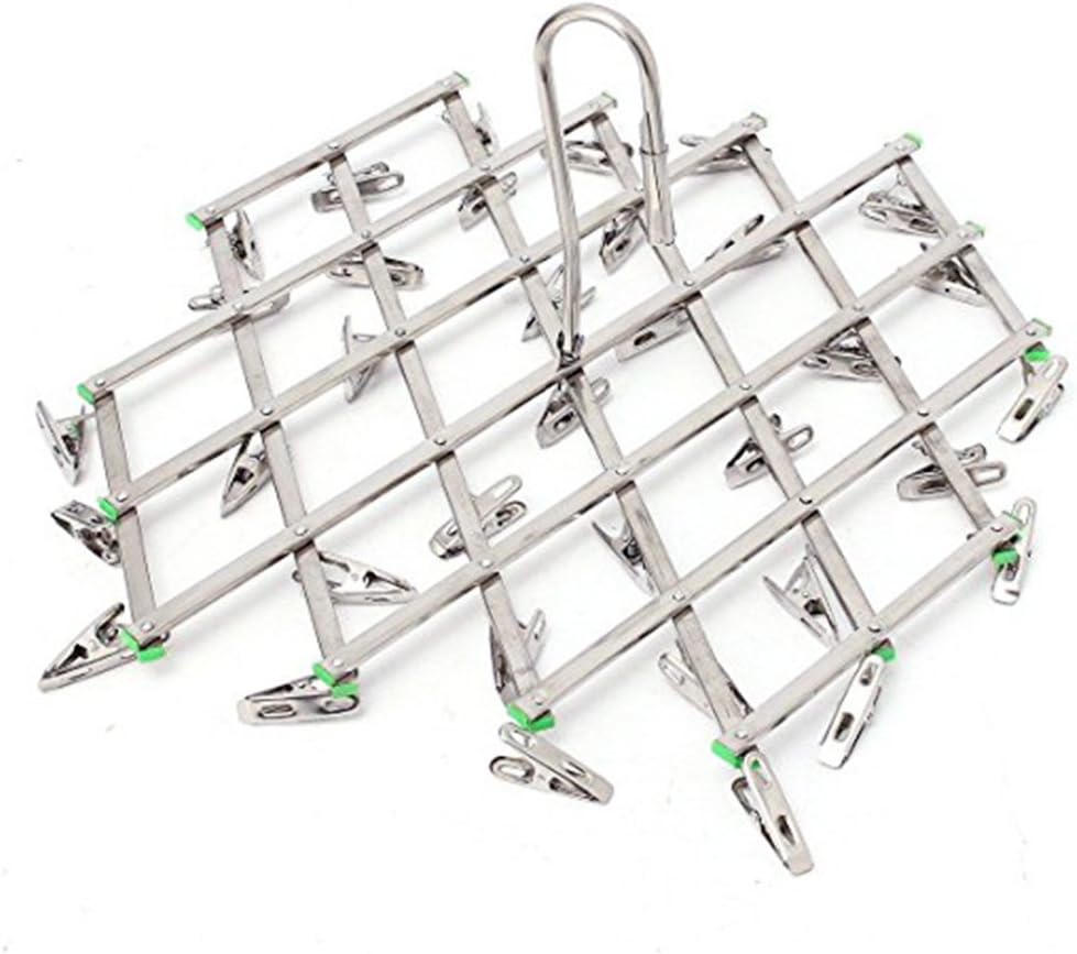 Stainless Steel Laundry Clothes Drying Rack Hanger, Multi Function Foldable Portable Travel Hanging Rack Hook, 35 Clips for Socks, Cloth Diapers, Towel, Underwear, Scarf, Panties, Gloves etc.