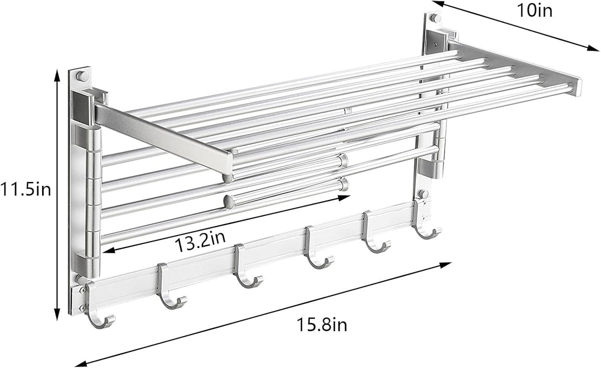 Laundry Clothes Drying Rack, Wall Mounted Swivel Towel Rack with Hooks and Swing Arms, Space Saver in Laundry Room and Bathroom, Space Aluminum