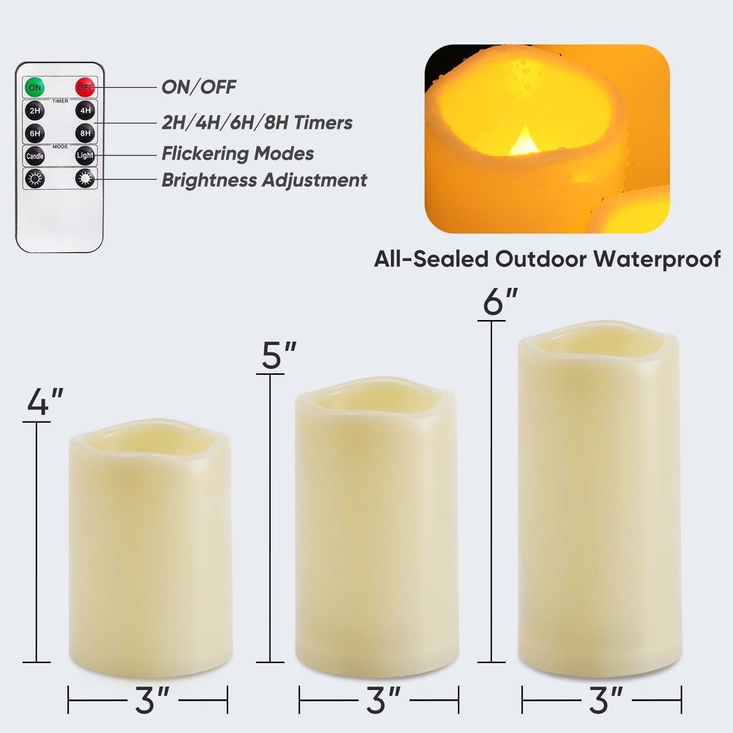 Homemory 3 Pack Flameless Candles, Outdoor Waterproof, Battery Operated LED Pillar Candles with Remote Control and Timer, Plastic, Long Lasting,4”5”6”