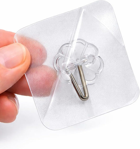Tech Team #908 Adhesive Wall Hooks – 8-Piece Clear Heavy-Duty Stick-On Hooks for Bathroom, Kitchen, Office, Garage & Outdoor Use – No-Drill, Waterproof, Reusable, Strong Holding Power