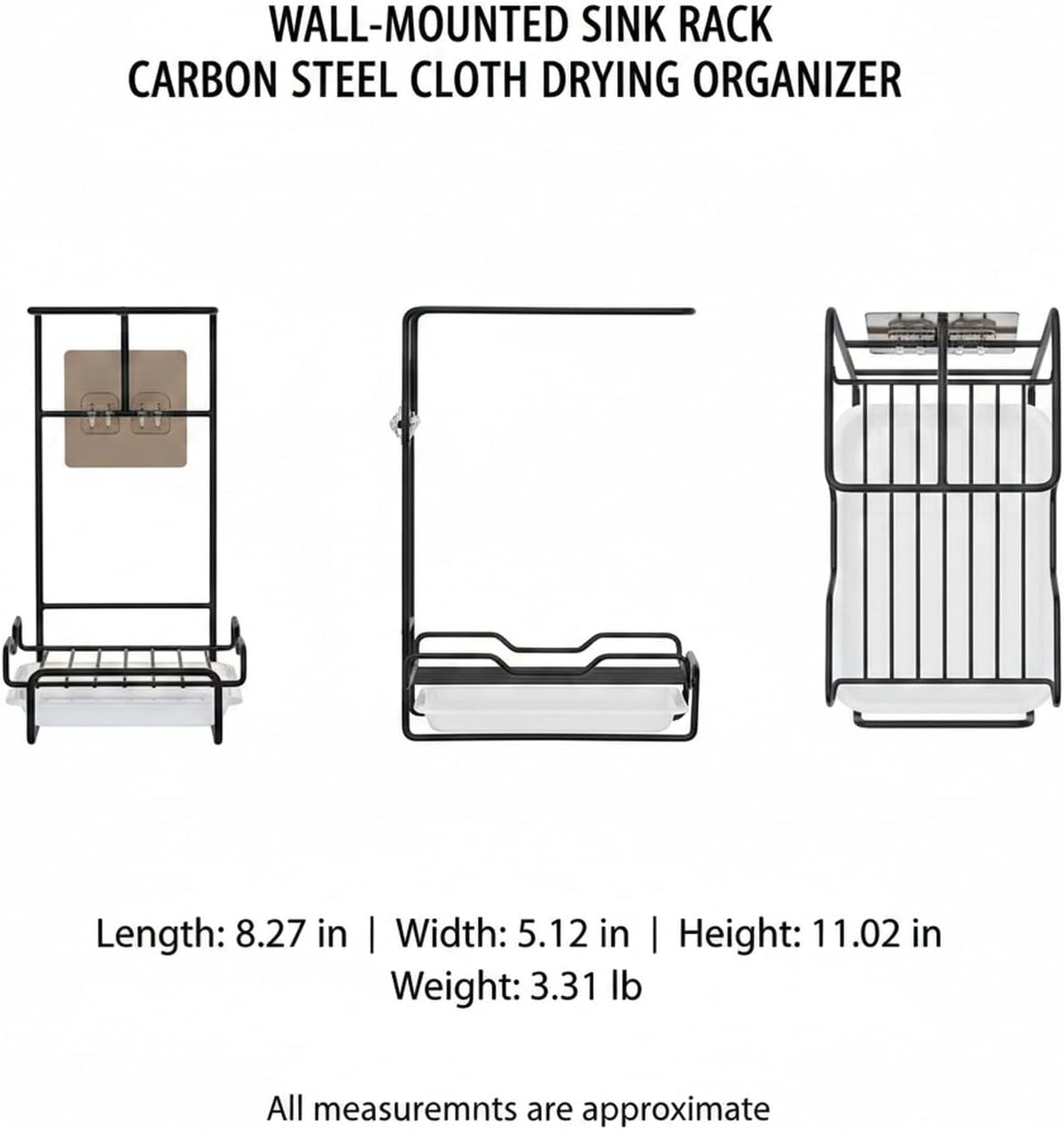 Black Carbon Steel Wall-Mounted Sink Rack for Kitchen & Bathroom, Space-Saving Cloth & Cleaning Tool Drying Organizer