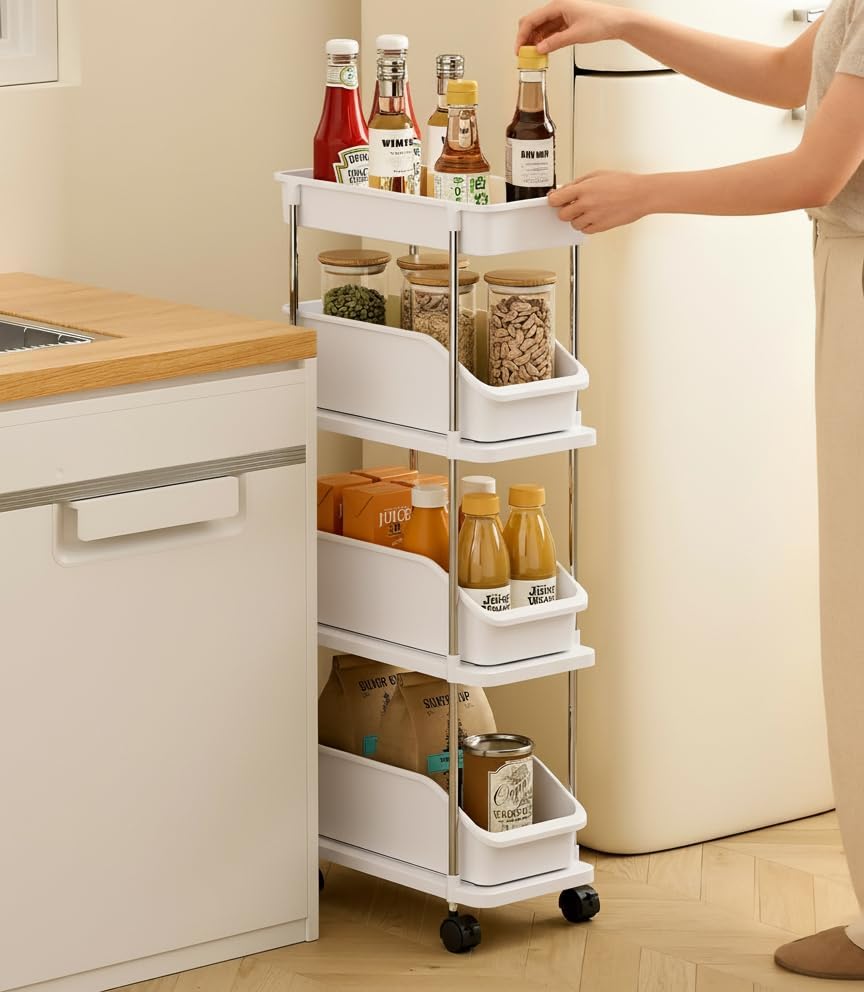 Slim Storage Cart 3 Tier Slim Rolling Utility Cart with Pull-Out Baskets & Wheels for Narrow Space in Kitchen Dining Room Bathroom Laundry Room Cream White (Width 6.3 Inches)