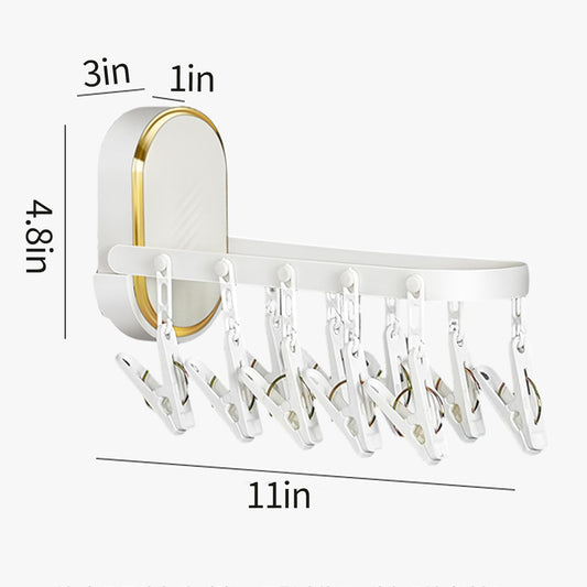 Wall-Mounted Foldable Laundry Rack with 11 Built-in Clips - Space-Saving Retractable Clothes Drying Organizer for Socks/Underwear, No Extra Hangers Needed, Collapsible Design for Bathroom/Balcony
