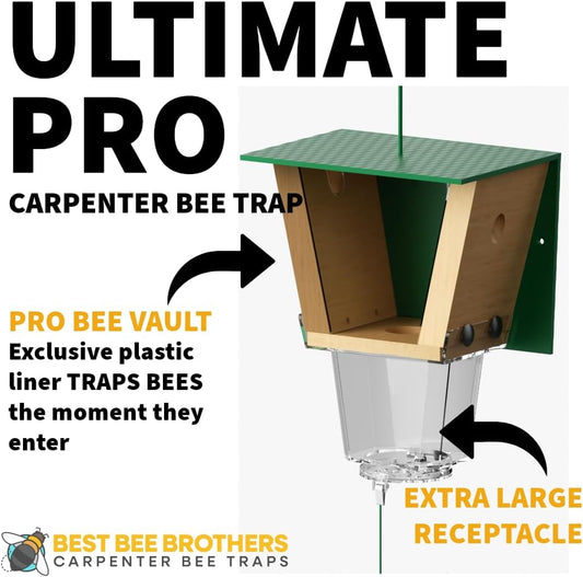 Best Bee Brothers Ultimate Pro Carpenter Bee Trap for Outside with Extra-Large, Clear External Receptacle, Internal Bee Vault & Spring-Loaded Door, 4.2” D x 5.8” W x 7.5” H (2 Pack)
