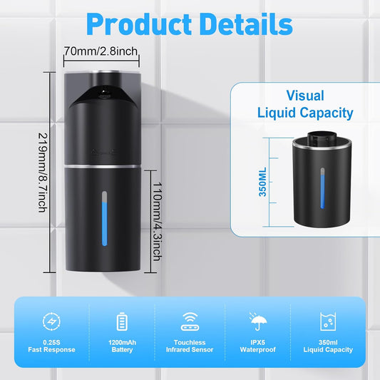 Automatic Soap Dispenser,Touchless Hand Wall Mount Rechargeable 3 Gear Adjustable Electric Soap Dispenser 350ml with Infrared Motion Sensor for Bathroom,Kitchen,Office,Black Foam