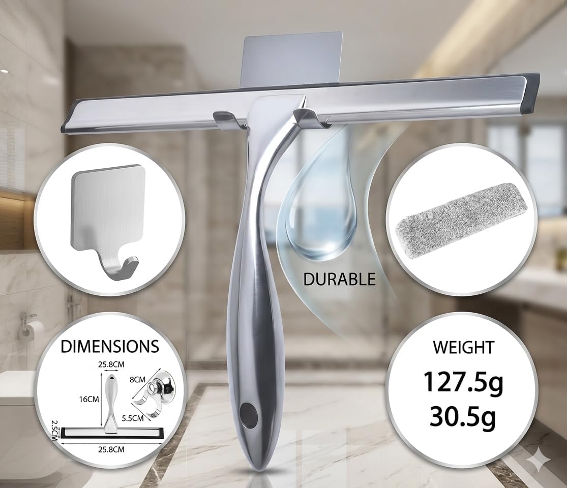 Shower Squeegee for Glass Doors - Stainless Steel Window Squeegee with Adhesive Hook, Streak-Free Silicone Blade for Bathroom Mirror, Tile, and Window