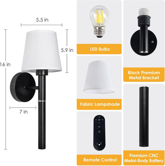 Battery Operated Wall Sconce Set of 2, Rechargeable Cordless LED Wall Lights with Dimmable Colors & Adjustable Brightness, Touch & Remote Control, Wall Sconce for Bedroom, Living Room etc.