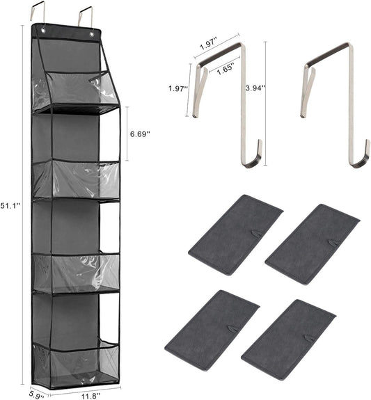 4-Shelf Over The Door Hanging Pantry Organizer, Behind The Door Storage Organizer, with Clear Plastic Pockets, for Bedrooms, Closets, Bathrooms, Small Apartments, College Dorms (Grey)
