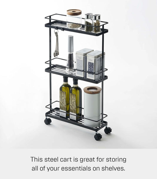 YAMAZAKI Home Tower Rolling Kitchen Island Three Tier Metal Storage Cart - Portable Organizer Shelves Utility Cart, 26" - Steel -