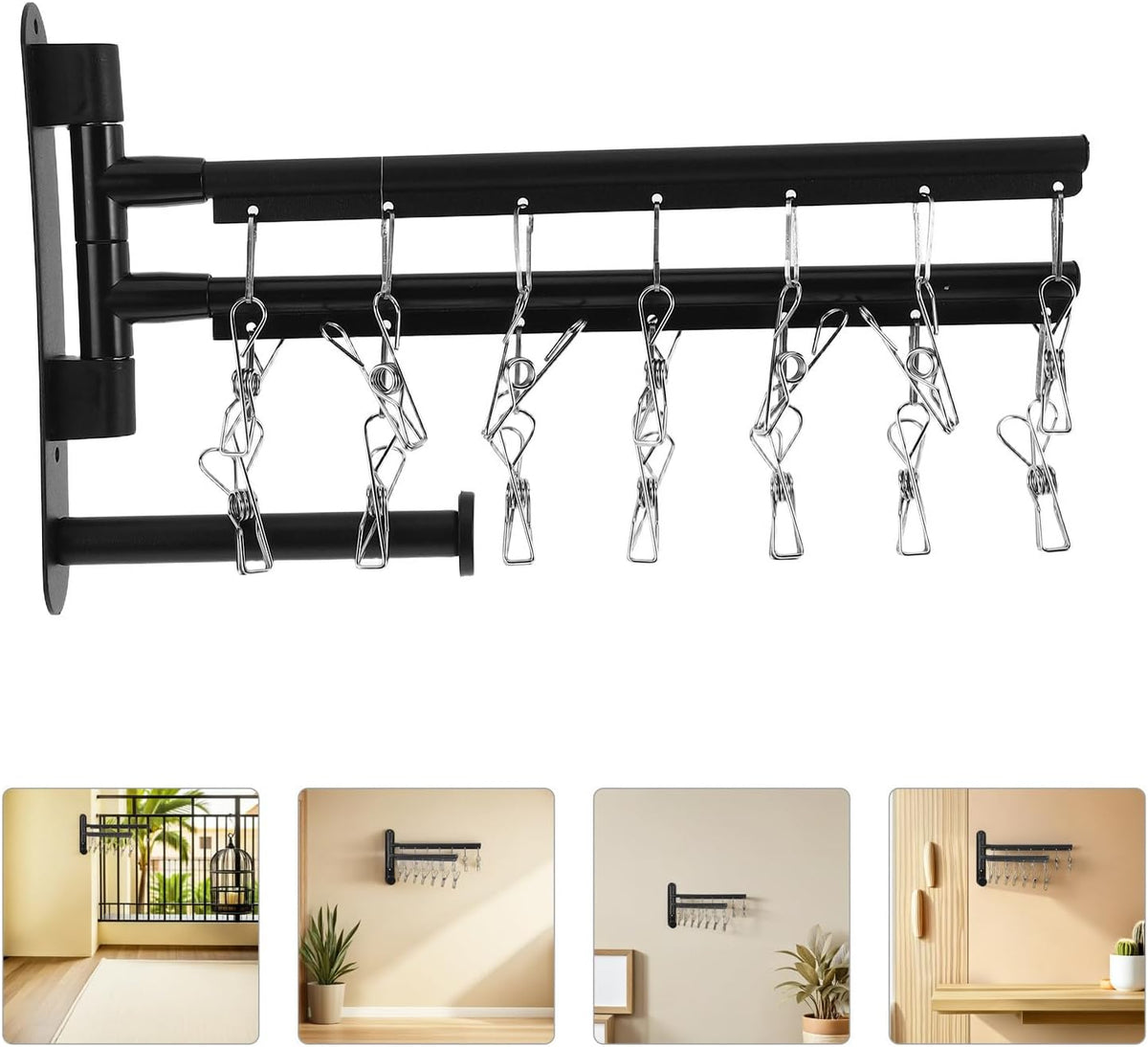 Garneck Wall Mounted 2-Tier Stainless Steel Bars with Laundry Drying Rack 360° Rotating Arms, Space Saving Black Clothes Hanger with 14 Windproof Clips and Bathroom and Bedroom