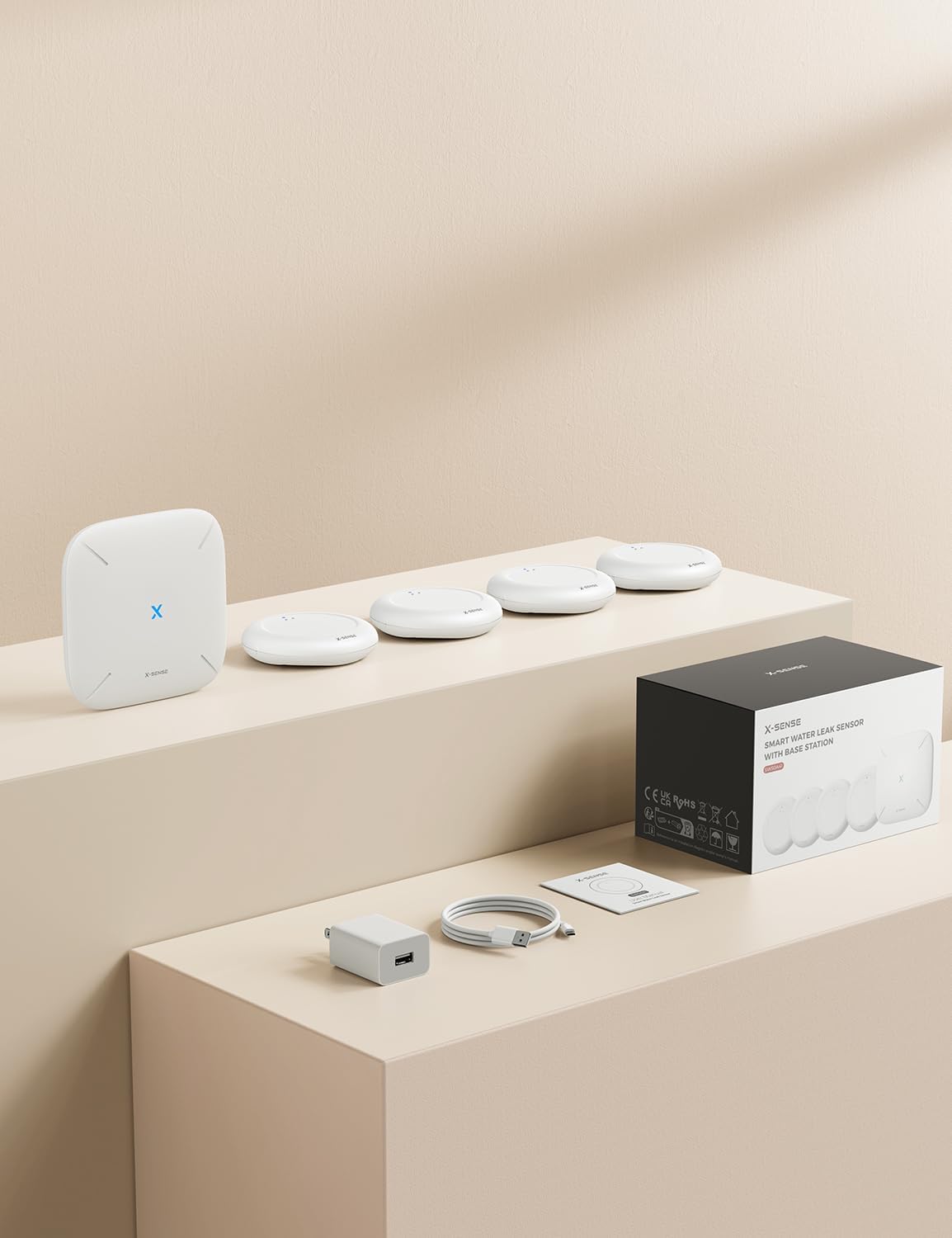 X-Sense Water Leak Detector Kit, Wi-Fi Water Sensor Alarm, SWS0A41 | Base station included for app alerts; water alarm coverage for sinks, heaters, washers, bathrooms, basements and garages