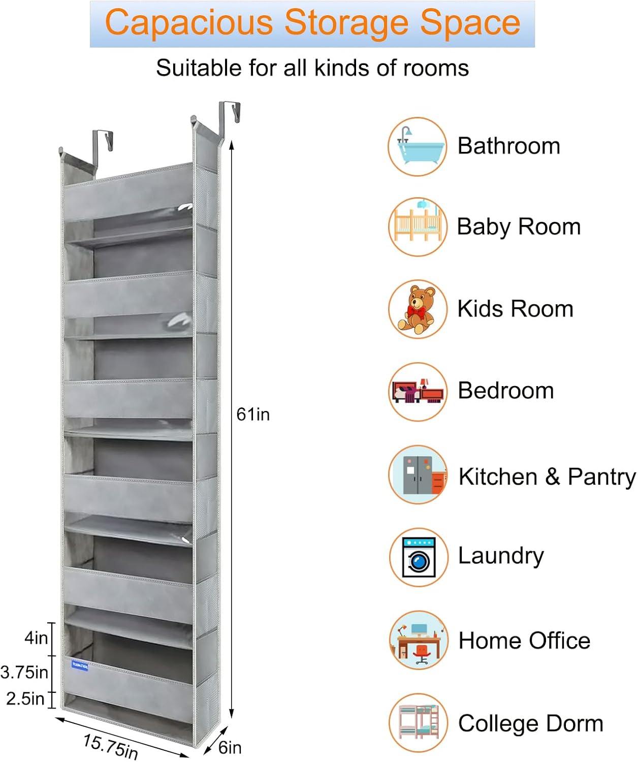 Over The Door Organizer 5-Shelves and 10 Side Pockets, Over The Door Storage for Bathroom Bedroom Nursery, Hanging Door Organizer for Baby Diapers and Kids Toys (13"x5"x44", Grey)