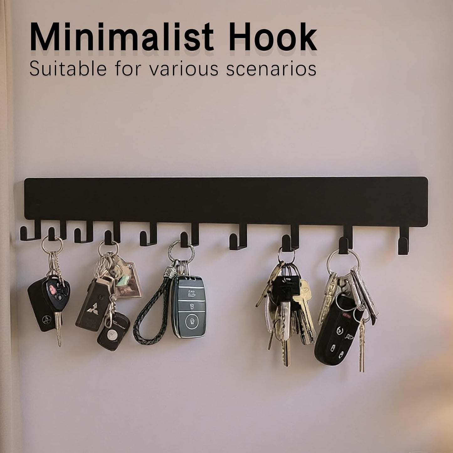 14inch Wall Key Holder with 10 Hooks(2 Sets), Metal Key Rack Wall Mount for Keys, Bags and Leashes, Key Hanger for Decorative Organizer Apartment,Entryway,livingroom,Black