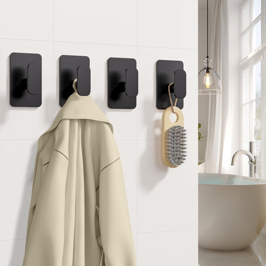 Heavy Duty Adhesive Hooks - 26lb Max, Sticky Wall Hooks Waterproof Stainless Steel for Hanging Towel, Coat, Robe, Towel Hooks Stick on Bathroom, Kitchen, Shower, Door (Black, 4 Pack)