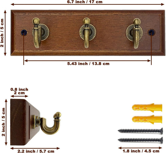 6.7" Wooden Key Holder for Wall, Decorative Key Rack with 3 Hooks (1 Pack Brown)