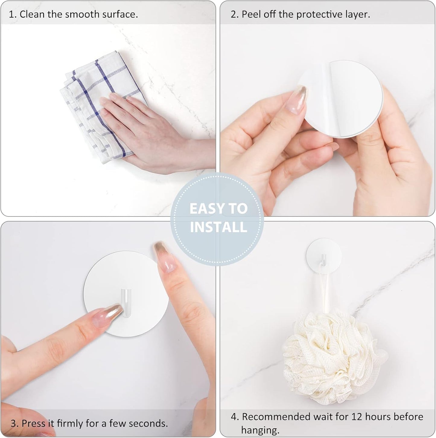 VIS'V Adhesive Hooks, Shower Wall Stick on Hooks, Round, White, 4 Pcs | Metal Material, Compact Design, Peel and Stick, 2 Extra Adhesive Strips, for Bathroom Kitchen Livingroom Office RV