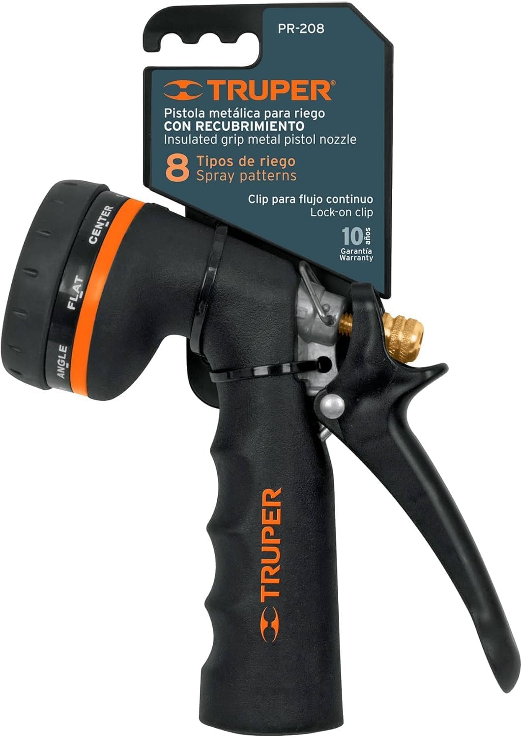 Truper 8-Pattern Metal Hose Spray Nozzle, Heavy-Duty Coated Metal Body with Comfort Grip Handle, Continuous Flow Locking Clip Gardening and Cleaning Wand (Model 18477 / PR-208)