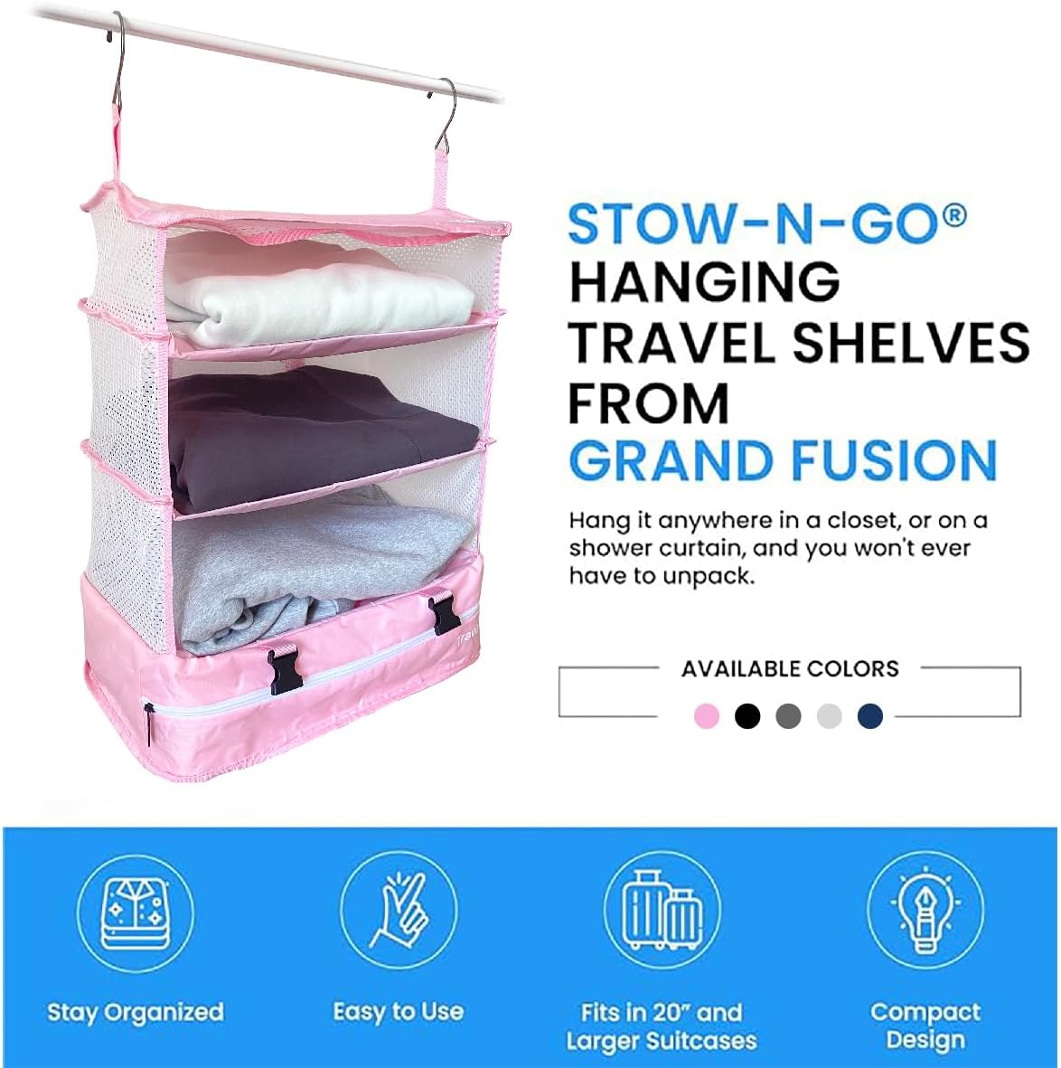Grand Fusion Stow-N-Go Hanging Travel Shelves, Packing Organizer for Luggage. Carry on Closet for Suitcase. Expandable Packing Cube. Travel Essentials. (Black - L, L = (L) 11.8" x (W) 11.8")