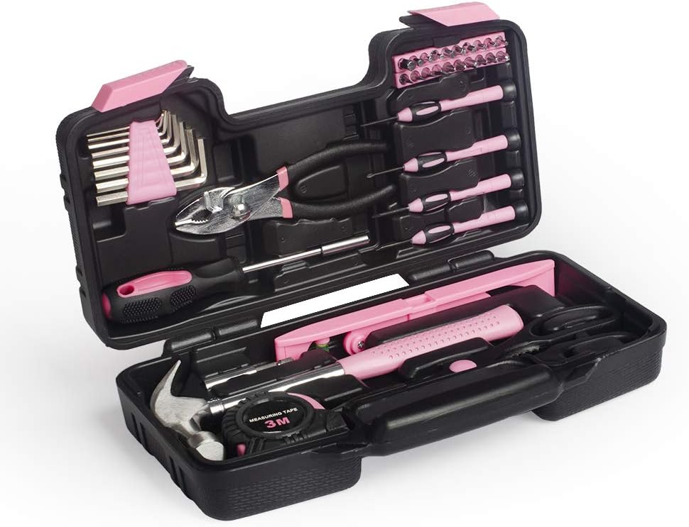 39-Piece General Tool Set-Essential Household Hand Tool Kit with Portable Toolbox Storage Case(Pink—Level Ruler))