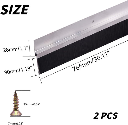 2Pack 30 inch Door Bottom Sweep for Exterior Doors with 1.1 inch PP Soft Brus, H-Shape Aluminum Dustproof Bottom of Door Weatherstrip, Silver