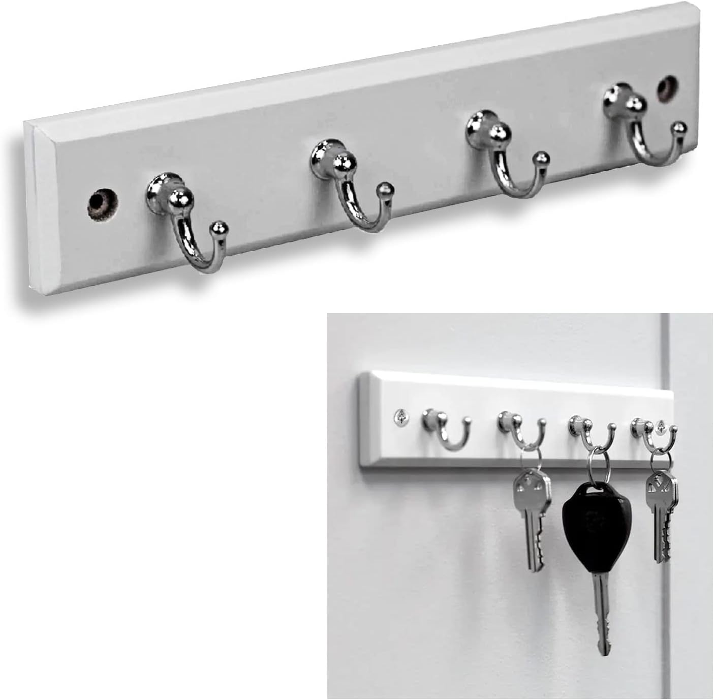 Wall Mounted Key Rack Rail Hanger Key Holder Wall Mount with 4 Hooks Hanging Storage Keys Organizer Home Decor (White)
