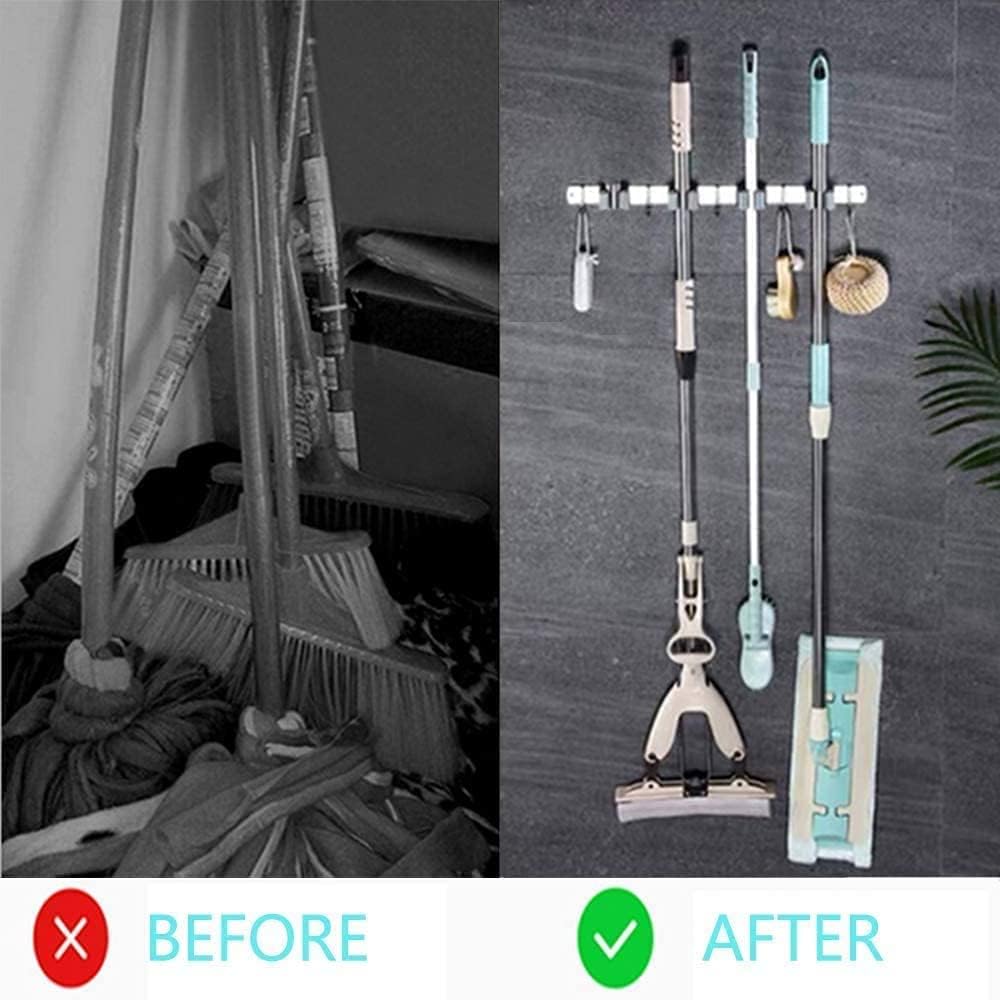 Broom Mop Holder Wall Mount Stainless Steel Tool Hanger Storage Organizer for Home, Kitchen, Garage, Garden, Laundry Room, Bathroom Organization and Storage(4 Racks 5 Hooks)