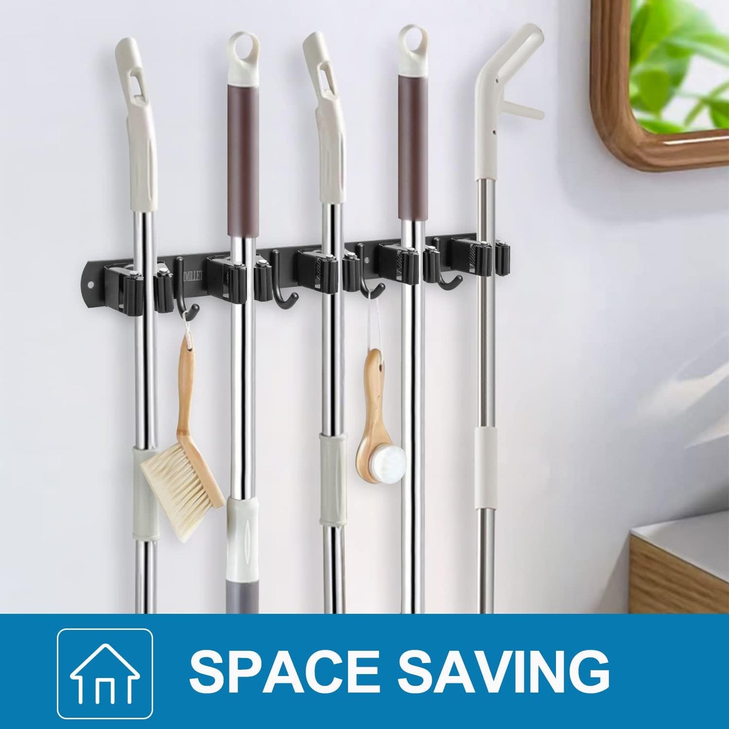 IMILLET Broom Holder Wall Mount, Broom Holder Stainless Steel Heavy Duty Garage Organization Broom Organizer Wall Mount Self Adhesive Laundry Room Organization and Storage(5 Racks and 4 Hooks)