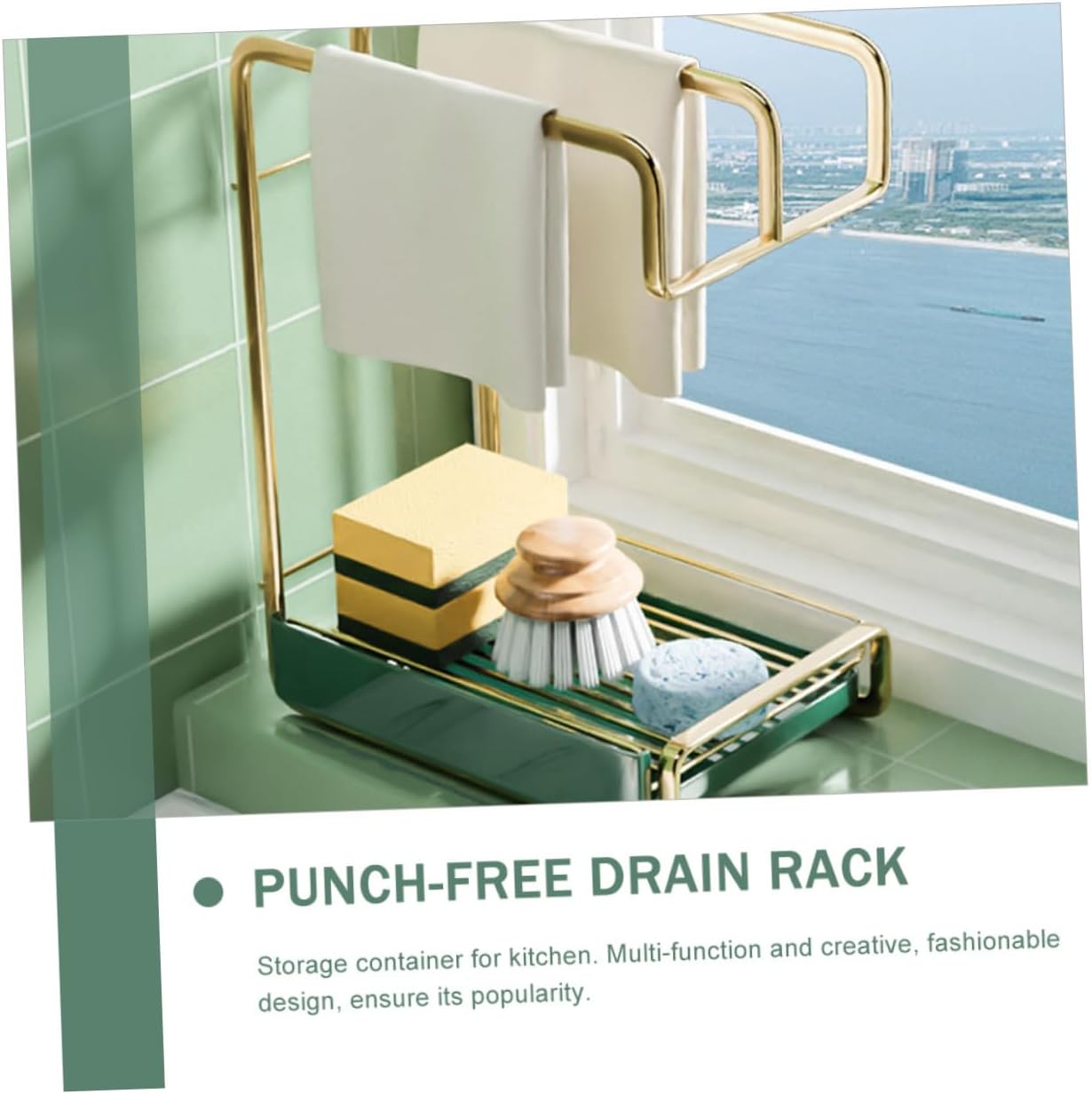 VICASKY Punch Wall Mounted Kitchen Drain Stand with Gold Iron Construction Multifunctional Storage Rack for Sponge and Cloth Space Saving Accessory for Organized Cleaning Tools