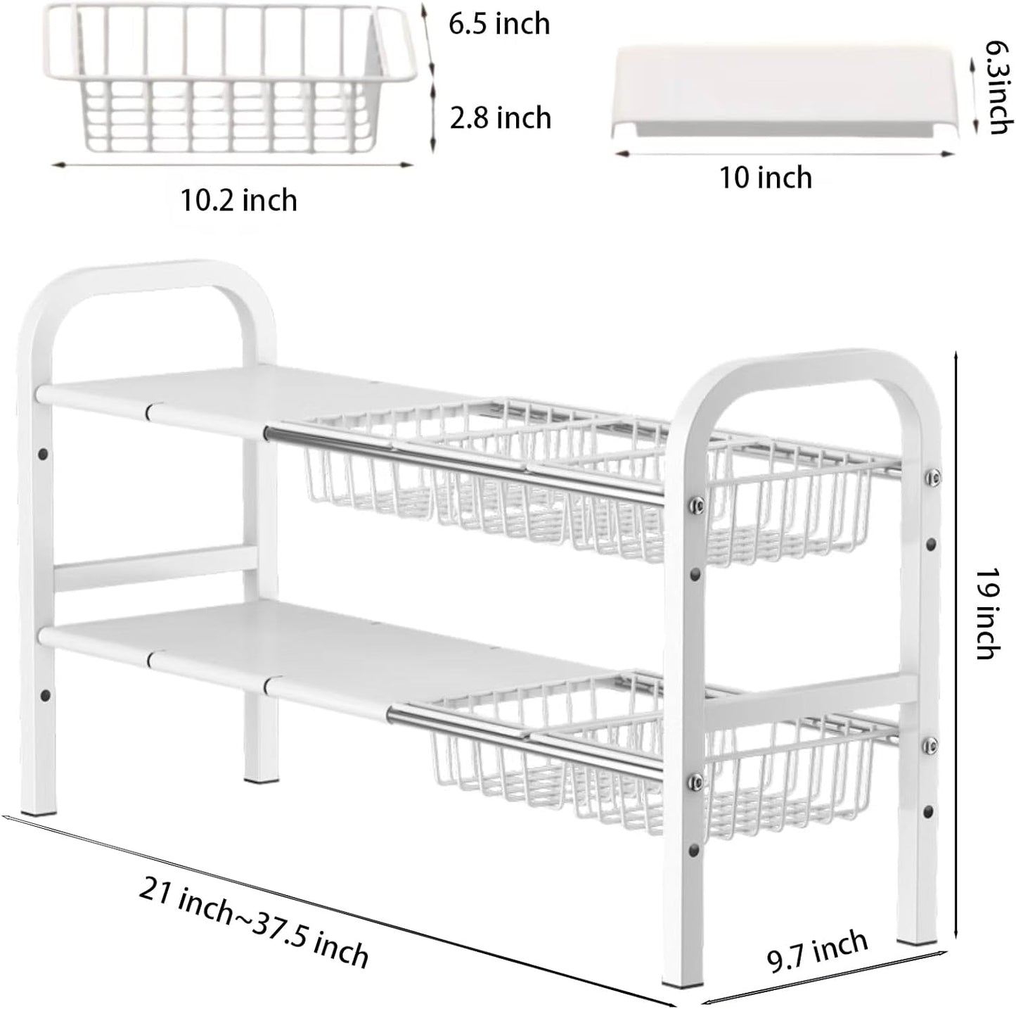 Under Sink Organizer,2 Tier Expandable Heavy Duty Metal Shelf,with 5 Removable Panels and 5 Storage Basket for Under Kitchen Bathroom Sink Organizers and Storage(Black, Large)