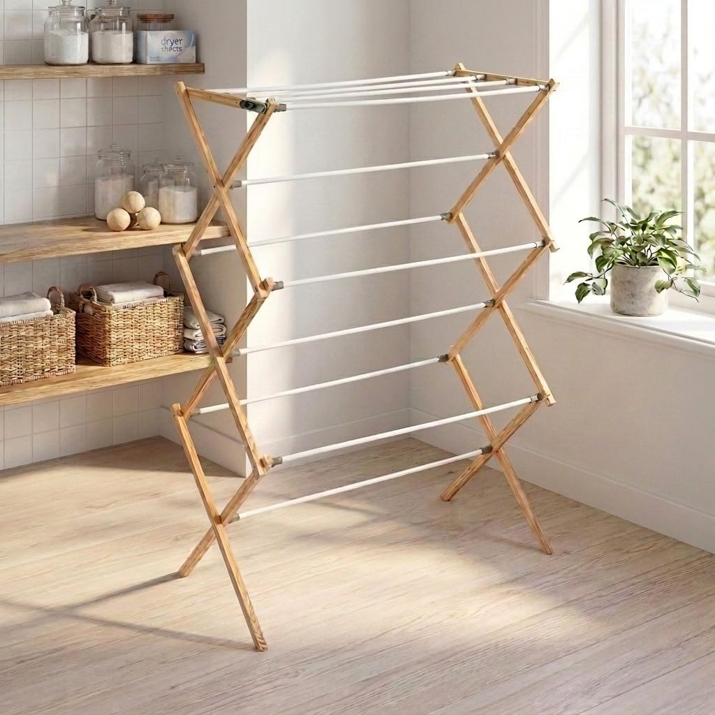 Household Essentials X-Frame Clothes Drying Rack, Stabile Wood Frame with Slanted Feet, Smooth Vinyl Wrapped Rods, 23.8 Feet of Hanging Space, Ready to Assemble, Flat Top, Natural