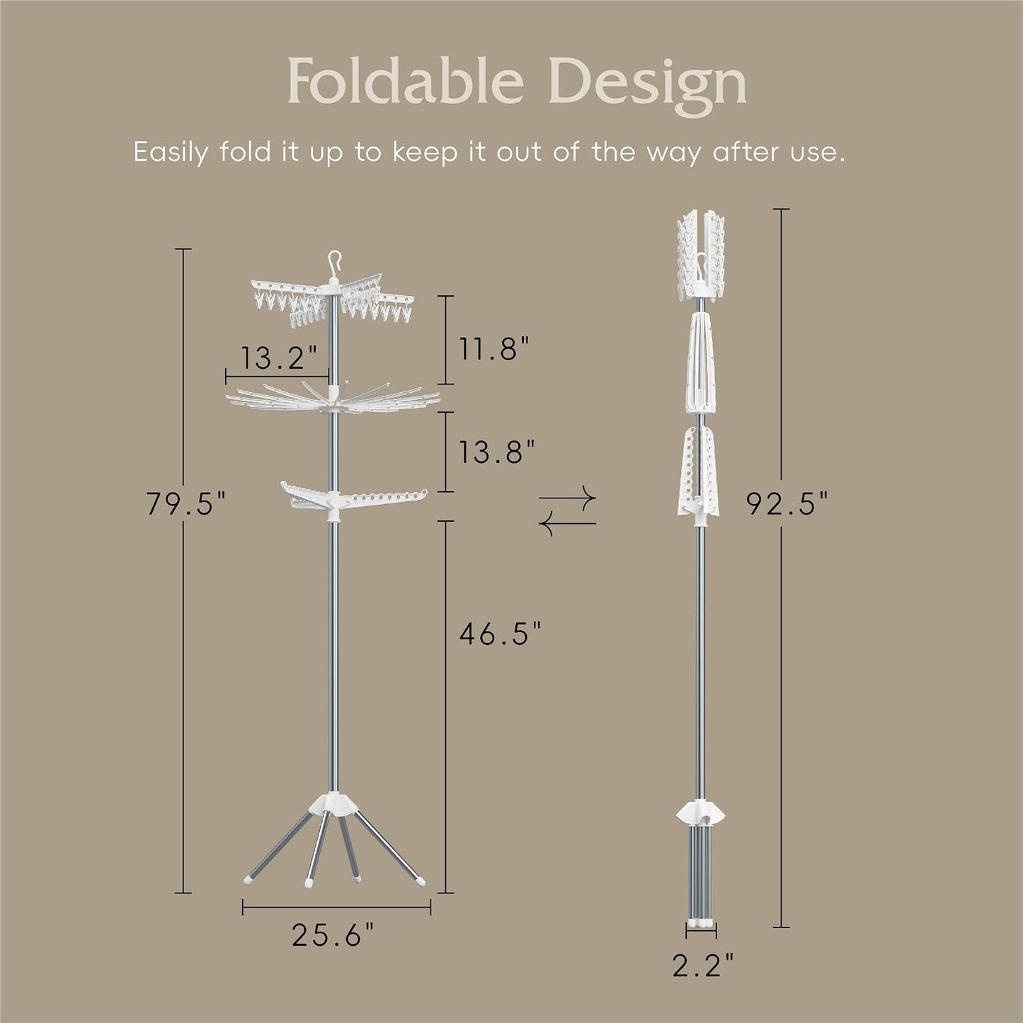 Beaudaily Clothes Drying Rack, Foldable 79.5-Inch Laundry Drying Rack,3 Tie, with Rotatable Arms, Stainless Steel, Holds 27 Clothes,8 Towels and 24 Clips for Hanging Socks, White and Silver