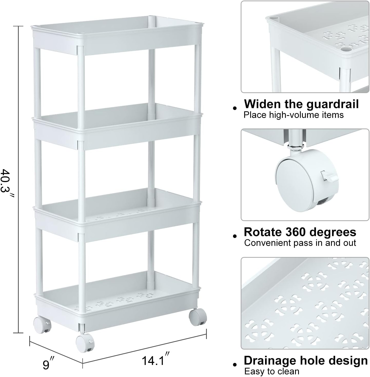 Sooyee 3 Tier Rolling Cart with Wheels, Slim Storage Cart, Under Desk Narrow Rolling Utility Cart Storage Organizer for Office Bathroom Kitchen Laundry Room Narrow Places, White, Plastic and Metal