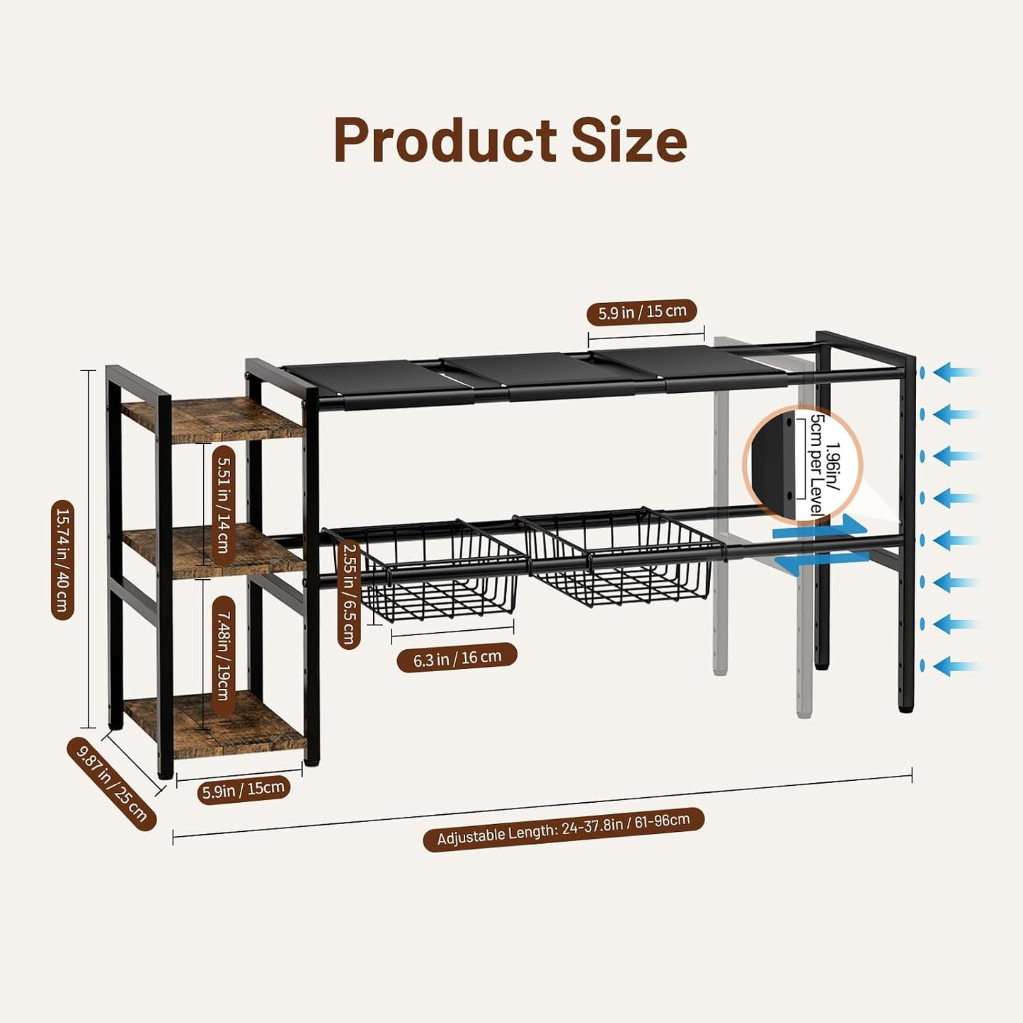 Housolution Expandable Under Sink Cabinet Organizer Rack and Storage Shelf | 24"-37.8" Expandable Length, 3-Tier Side Wooden Shelves, Height Adjustable for Kitchen Bathroom