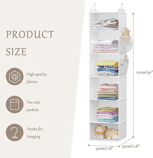 Weekly Hanging Closet Organizer for Kids, 6-Shelf Clothes Storage with Labeled Days of The Week Monday Through Friday, Weekday and Weekend, Days of The Week Clothes Organizer