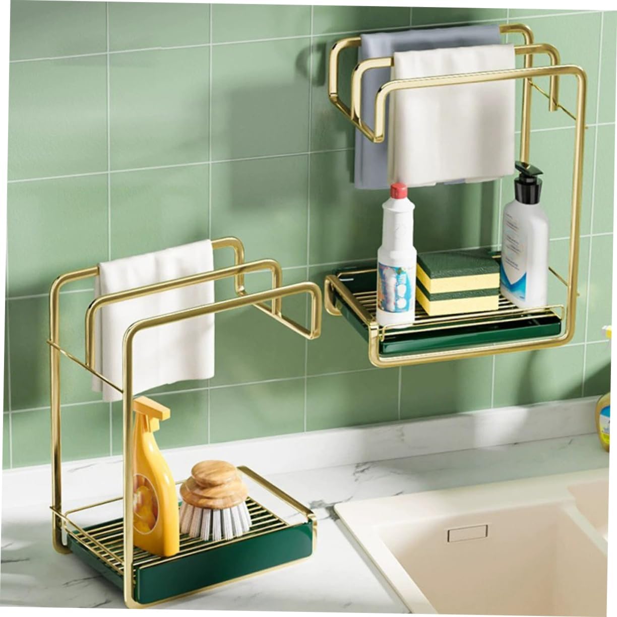 PRETYZOOM Punch Wall Mounted Duster Cloth Rack Multi Functional Kitchen Storage Accessory for Sponges Detergents and Cleaning Tools Space Saving Design Easy Installation
