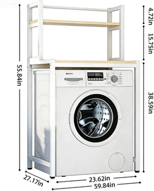 Over The Washer Storage Shelf, Space-Saving Laundry Organizer, Sturdy Metal Frame with Natural Wood Shelves, No Drilling, Ideal for Laundry Room, Bathroom, Balcony(White,3-T)