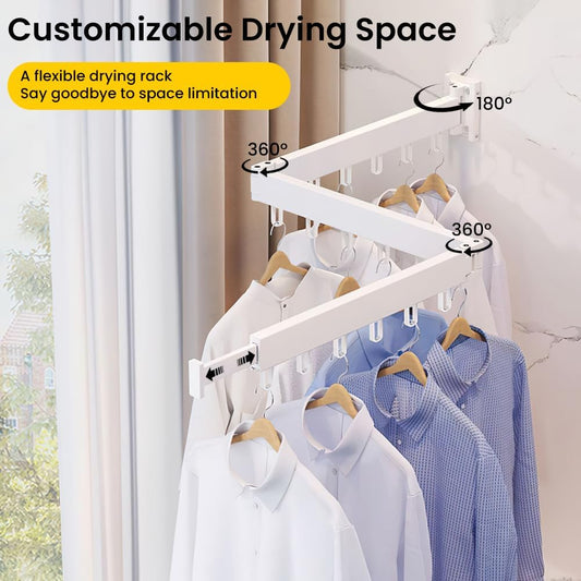 HomeBeyond Aluminum Wall Mounted Drying Rack, Upgrade 3-Fold Foldable Retractable Clothing Drying Rack with 12 Hooks, Space Saver Clothes Hanger for Indoor/Outdoor Use in Laundry, Balcony, Bathroom