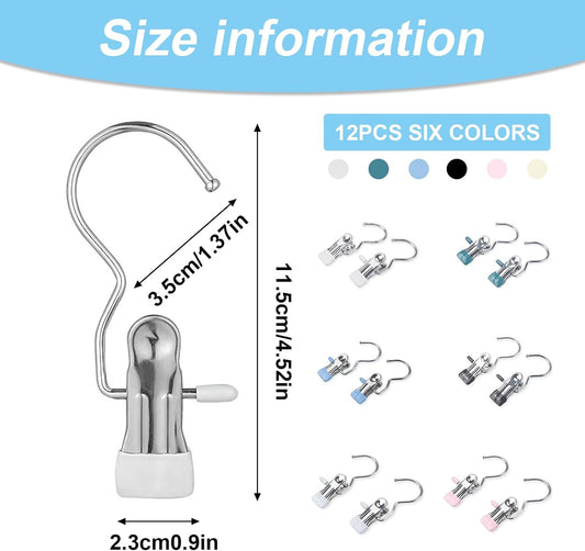 12PCS Clips for Hangers, Clothes Pins for Towels Belts, Mixed | 360° swivel hook; rubber coated grip; for beach chairs closet boots bags; travel laundry use