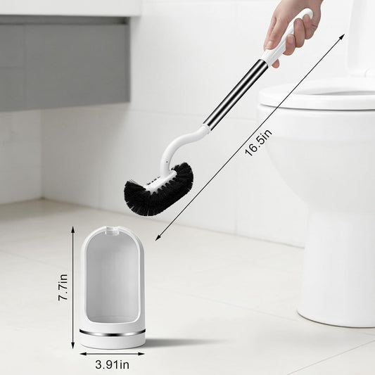 Toilet Brush and Holder Set, Curved Toilet Brush with Stainless Steel Handle, Under Rim Toilet Bowl Brush for Deep Cleaning, Drip-Proof, White