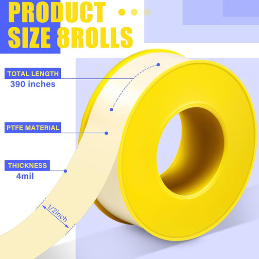 Pangda 8 Rolls Extra-Wide 3/4 Inch 390 Inch x 4 Mil Gas Pipe Thread Sealant Tape Yellow Gas Line PTFE Tape Thread Seal Tape Plumbers Pipe High Resistance Gas Leak Prevention for Gas Fittings