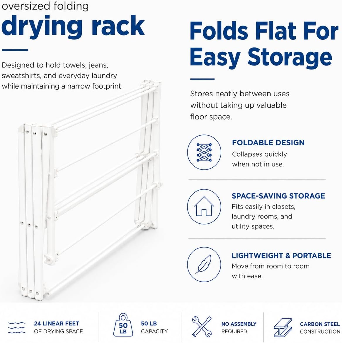 Honey-Can-Do Oversized Collapsible Clothes Drying Rack, 35", 50 lb, Grey | Oversized 35" x 45" steel rack holds 50 lb and folds flat for storage. Air-dry a full load indoors or outdoors.