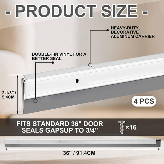 FoldTier 4 Pcs Slotted Door Sweep for Bottom of Door Exterior and Interior, 2-1/8 x 36 Inch, Aluminum Threshold Seal with Flexible Split Rubber, Weather Stripping Draft Dust Noise Stopper