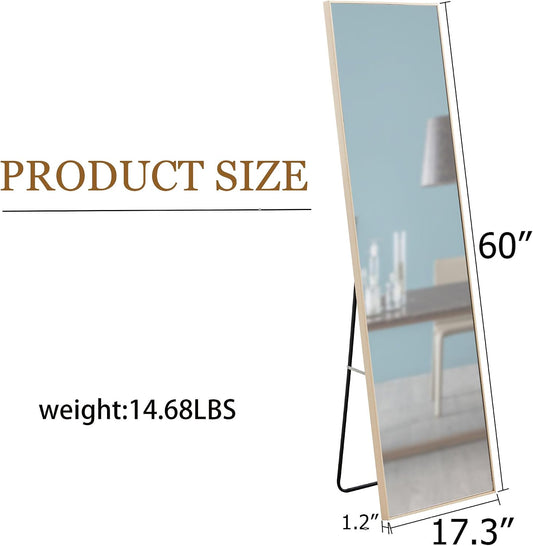 Wooden Full Length Mirror,Floor Mirror with Standing Holder Leaning/Hanging Mirror Wood Frame Large Wall-Mounted Mirror for Bedroom/Living Room,Light Oak (60x17.3)