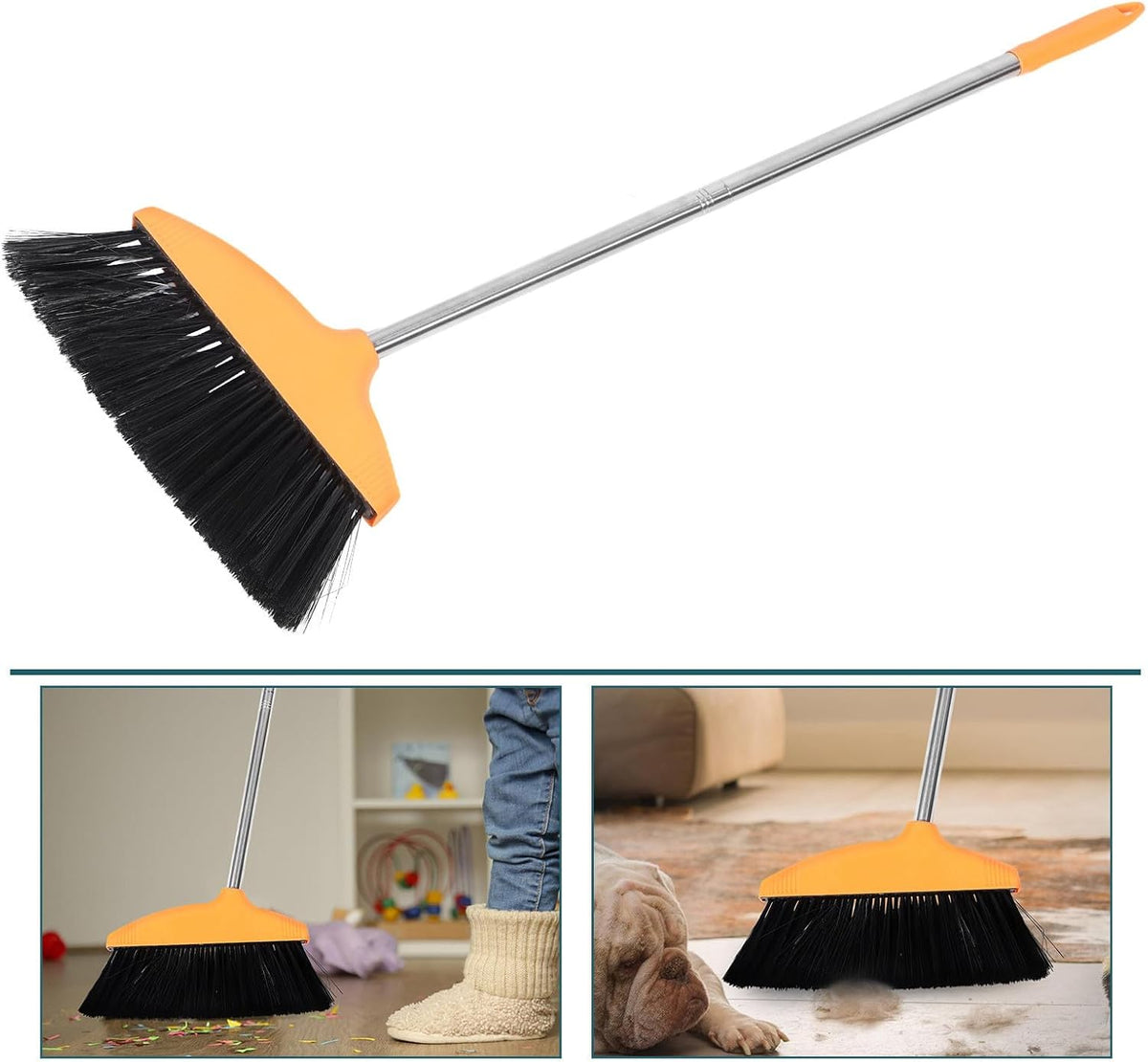 minkissy Soft Bristle Angle Broom for Floor Cleaning, Wide-Angle Room Broom with Orange Handle, Household Sweeping Tool for Indoor and Outdoor Use in Kitchen, Garage, and Patio