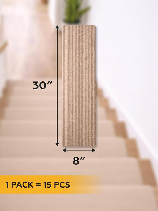 8x30 Grey Stripe Carpet Stair Treads Pack of 15 with Stickers for Easy Peeling - Self-Adhesive Peel and Stick Carpet for Stairs - Works with Most Subfloor Types - Gray Stripe Stair Treads